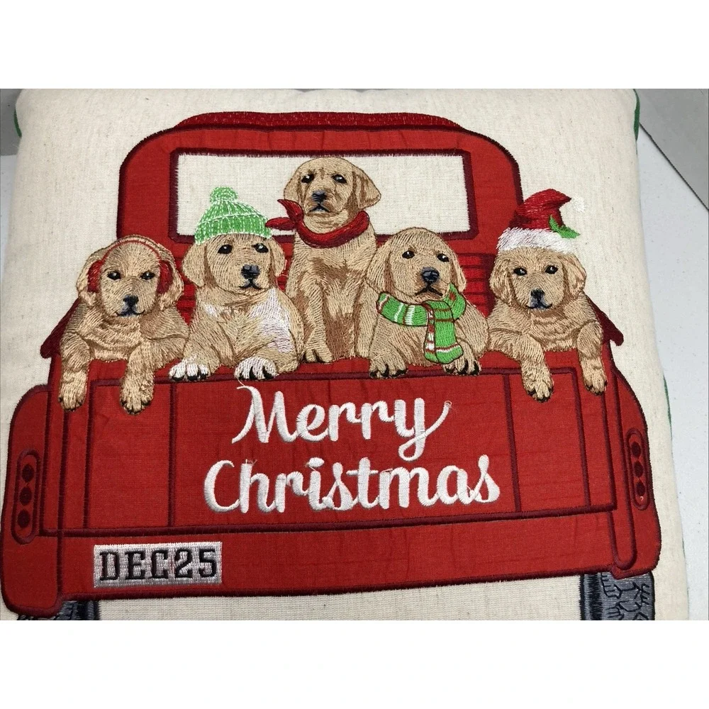 Vtg Pier 1 Merry Christmas Embroidered Pillow Dogs In Red‎ Truck 16x16